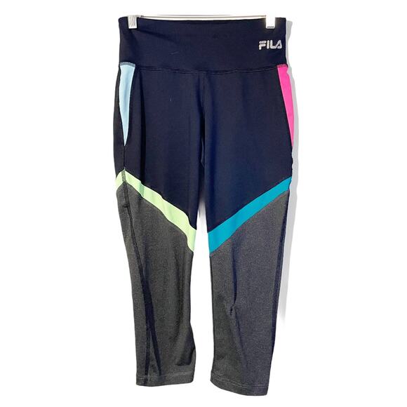 Fila Neon Colorblock Black Cropped Active Workout Yoga Leggings Women's Size XS - Picture 1 of 6